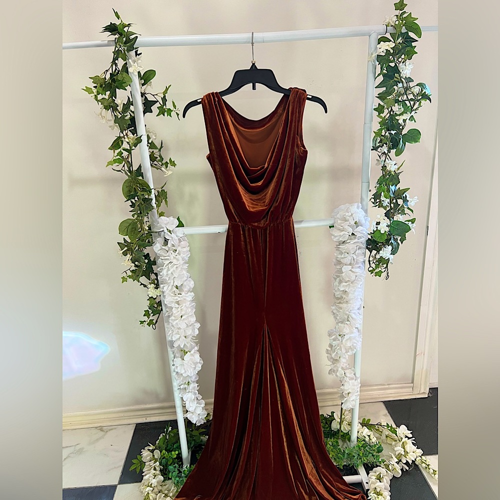 Velvet bodycon dress, cowl back dress, bridesmaid. Rusty Orange/Copper size 4/S